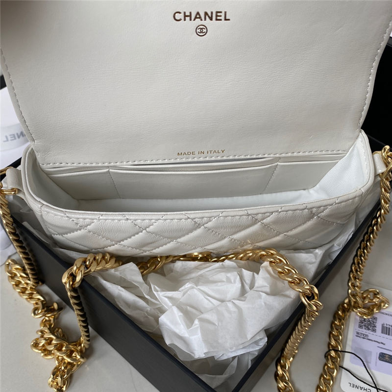 Chanel FLAP PHONE HOLDER WITH CHAIN Shiny Lambskin & Gold-Tone Metal AP3207 White A