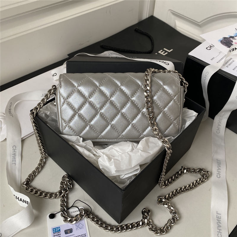 Chanel FLAP PHONE HOLDER WITH CHAIN Shiny Lambskin & Silver-Tone Metal AP3207 Silver A