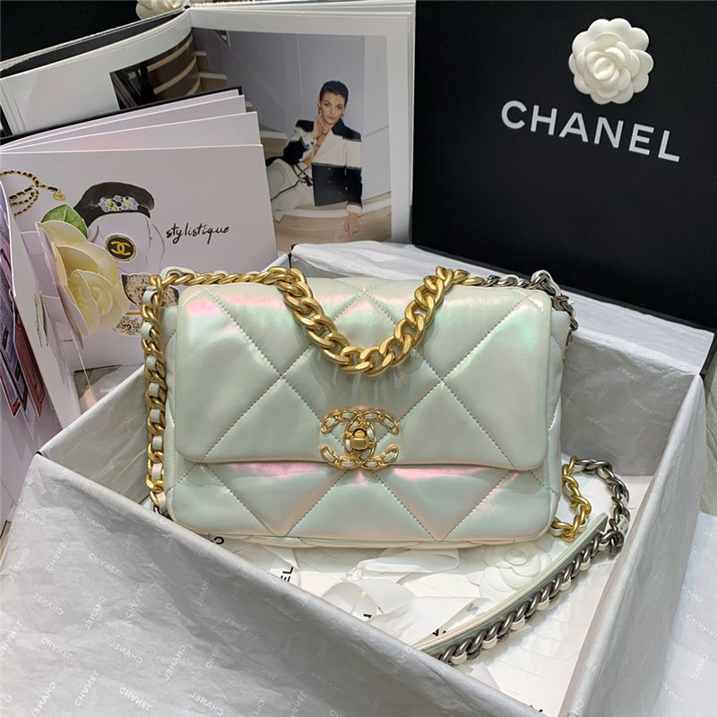 Chanel 19 FLAP BAG Iridescent Calfskin Gold-Tone Silver-Tone Ruthenium-Finish Metal High