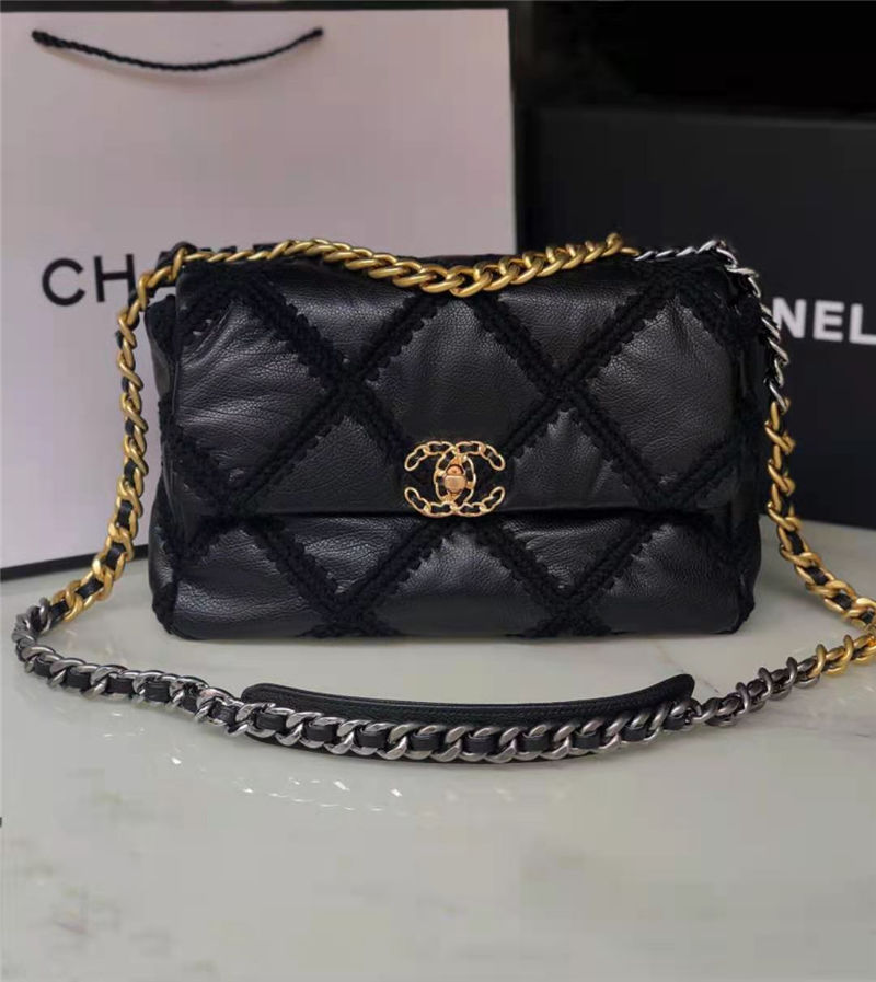 LARGE Chanel 19 Flap Bag Calfskin Crochet Black High