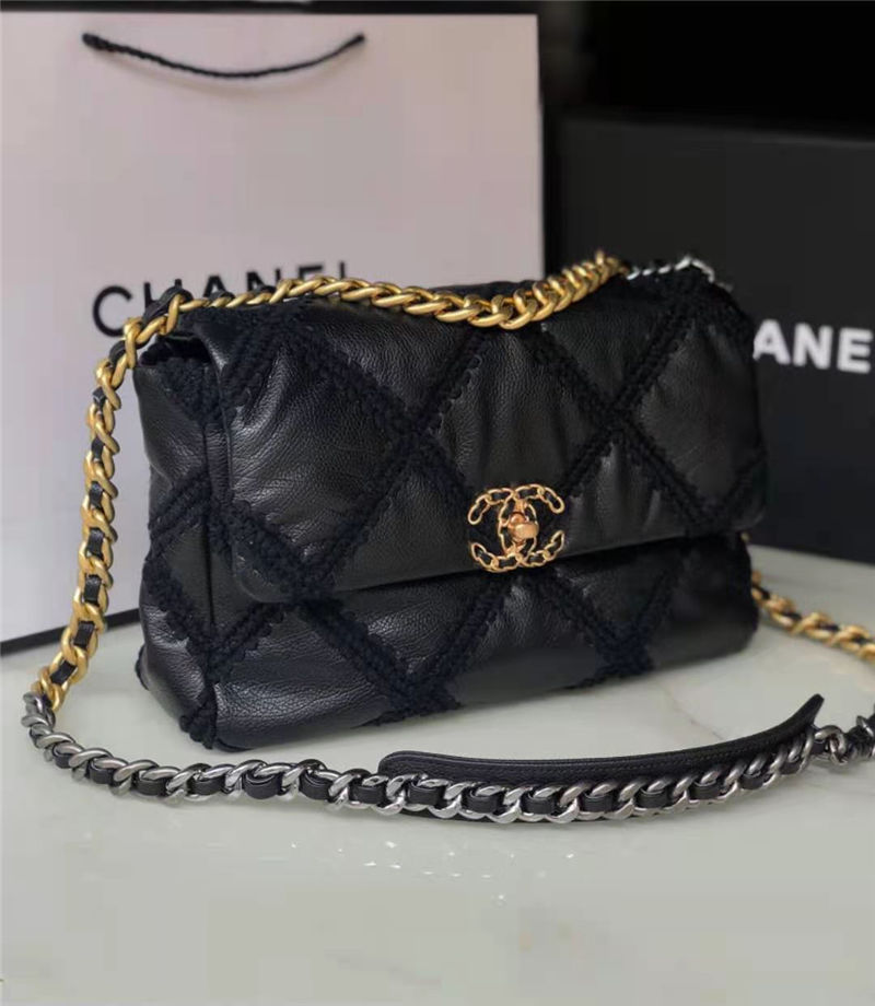 LARGE Chanel 19 Flap Bag Calfskin Crochet Black High