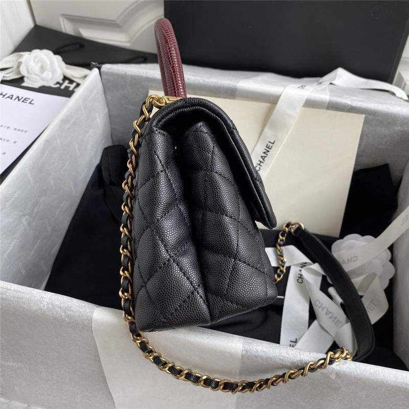 SMALL FLAP BAG WITH TOP HANDLE Grained Calfskin Gold Metal Black A