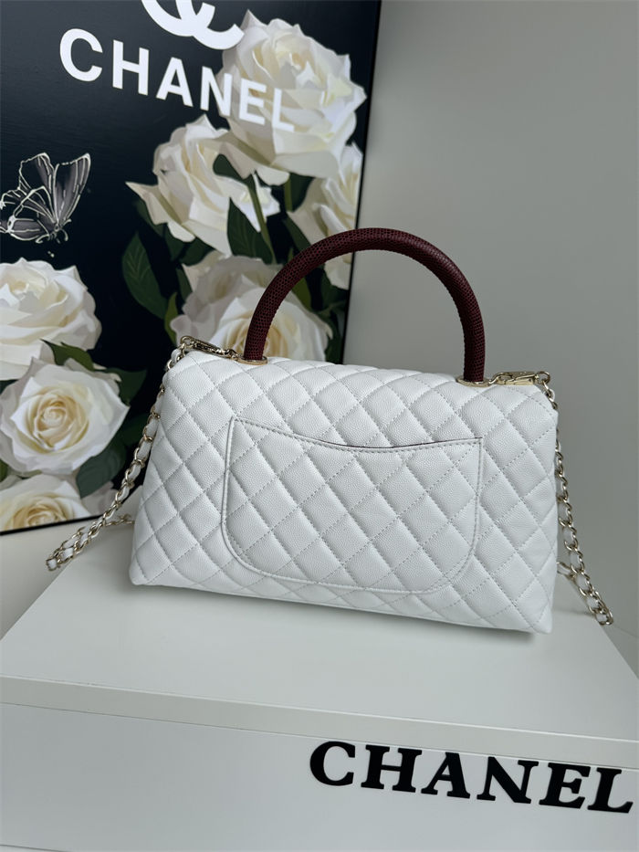 FLAP BAG WITH TOP HANDLE Grained Calfskin White Gold Metal High