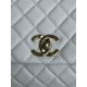 FLAP BAG WITH TOP HANDLE Grained Calfskin White Gold Metal High