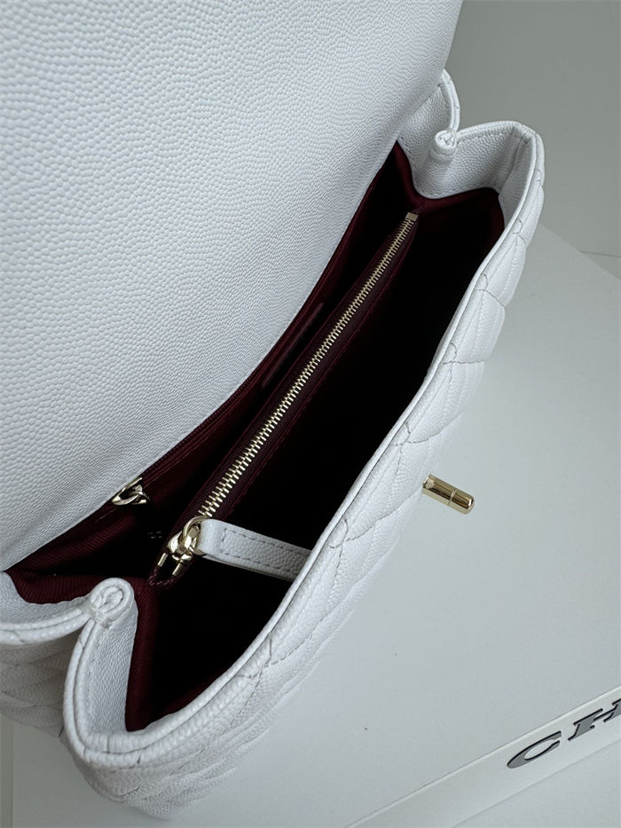 FLAP BAG WITH TOP HANDLE Grained Calfskin White Gold Metal High