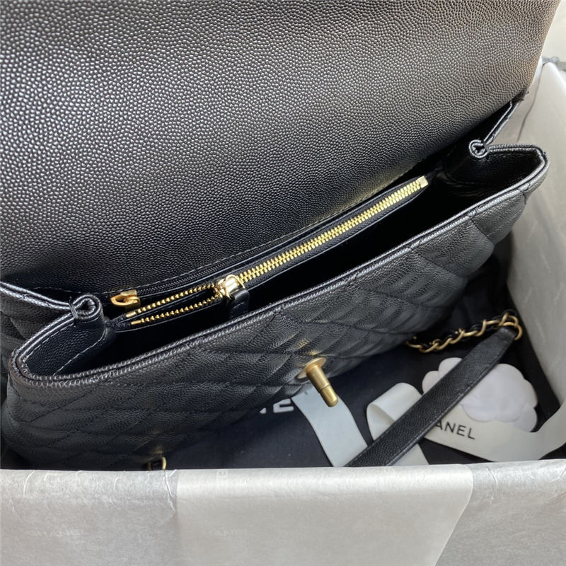 FLAP BAG WITH TOP HANDLE Grained Calfskin Gold Metal Black High