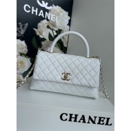 FLAP BAG WITH TOP HANDLE Grained Calfskin White Gold Metal High