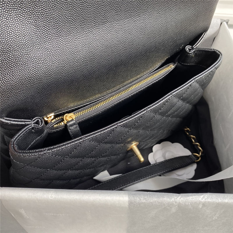 FLAP BAG WITH TOP HANDLE Grained Calfskin Gold Metal Black High