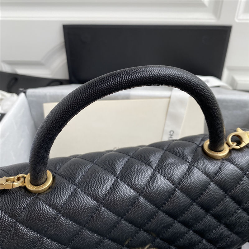 FLAP BAG WITH TOP HANDLE Grained Calfskin Gold Metal Black High