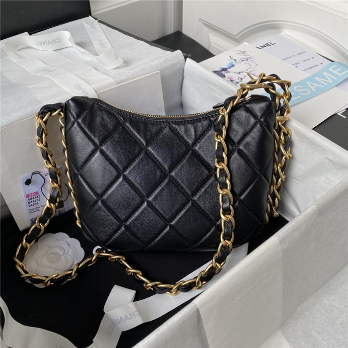 HOBO HANDBAG AS4443 Shiny Lambskin & Gold-Tone Metal Black High