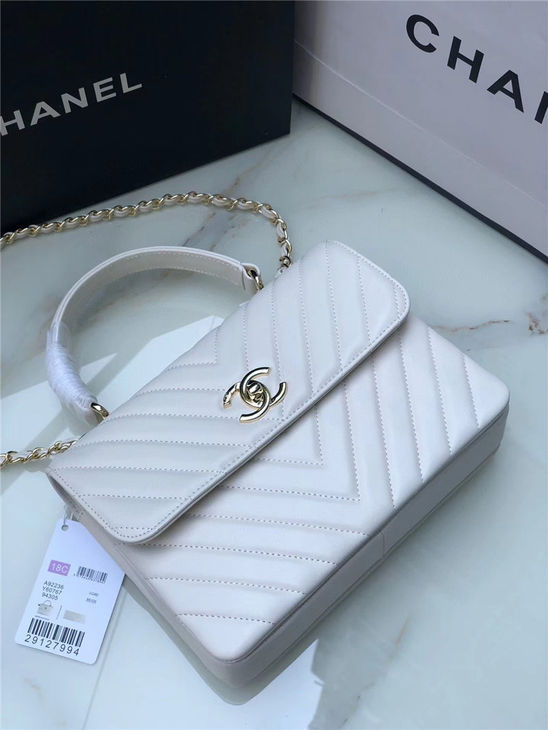 SMALL FLAP BAG WITH TOP HANDLE Chevrons Pattern Lambskin Gold Metal White A