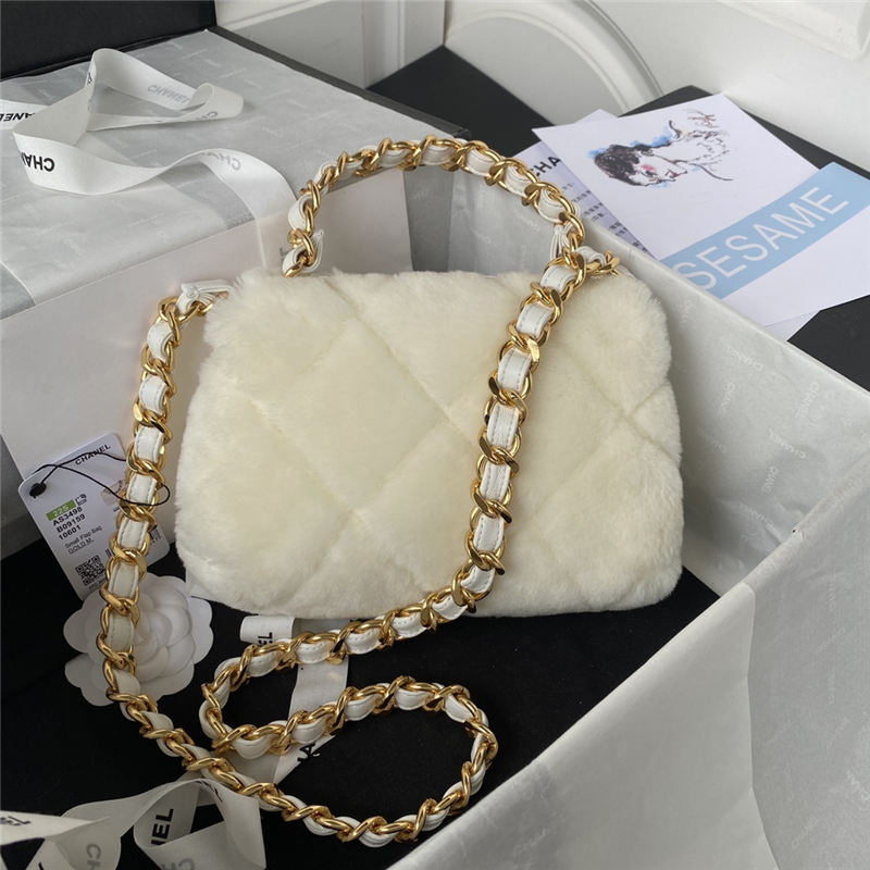 Chanel SMALL FLAP BAG Shearling & Gold-Tone Metal AS3498 White A