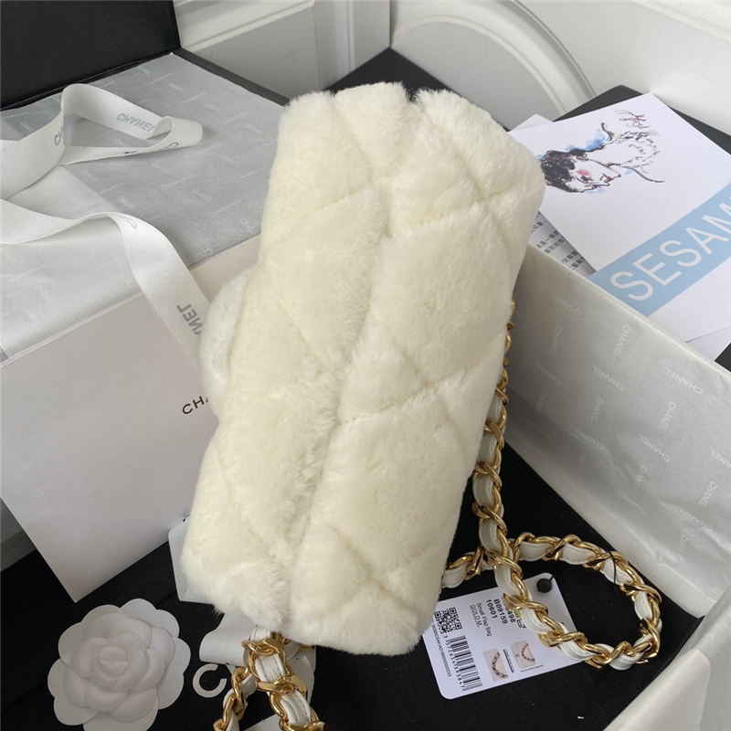 Chanel SMALL FLAP BAG Shearling & Gold-Tone Metal AS3498 White A