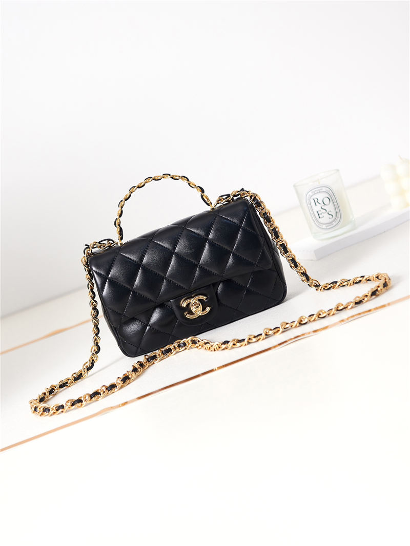 SMALL FLAP BAG WITH TOP HANDLE Shiny Lambskin & Gold-Tone Metal AS4023 Black A