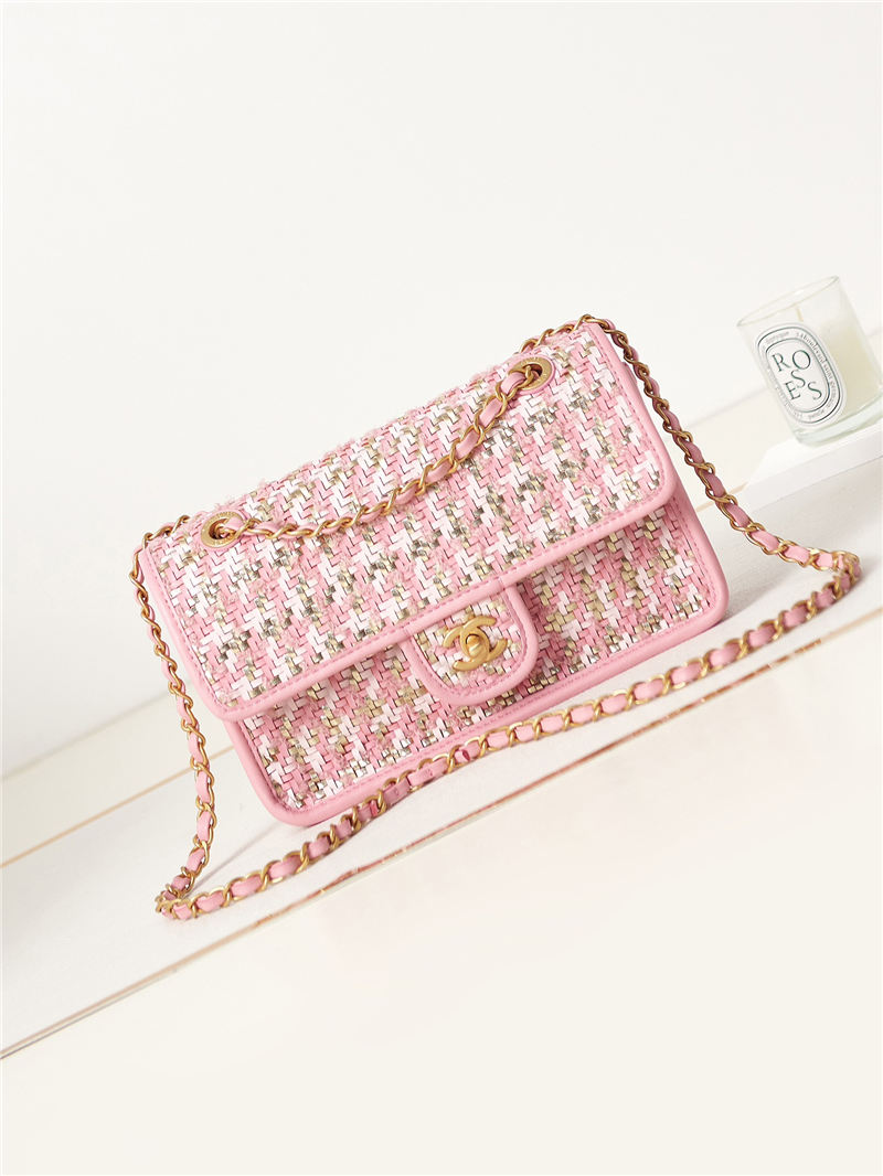 Chanel FLAP BAG Lambskin Viscose Weaving & Gold-Tone Metal AS3767 Pink A