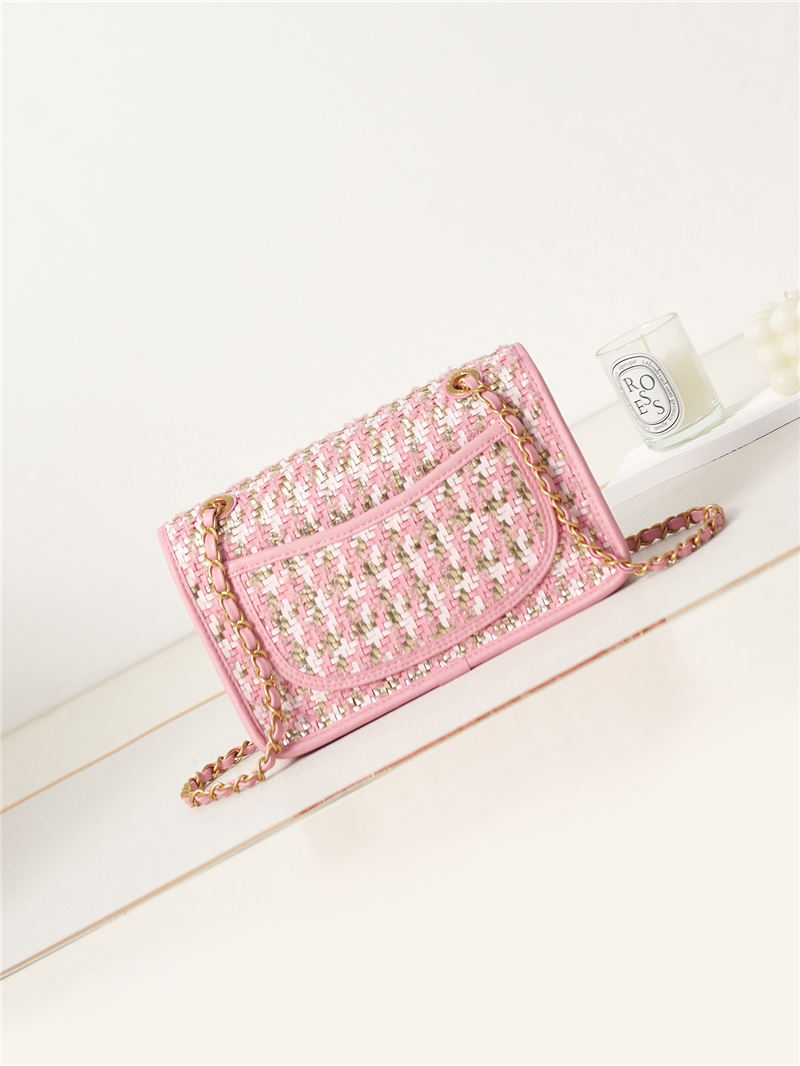 Chanel FLAP BAG Lambskin Viscose Weaving & Gold-Tone Metal AS3767 Pink A