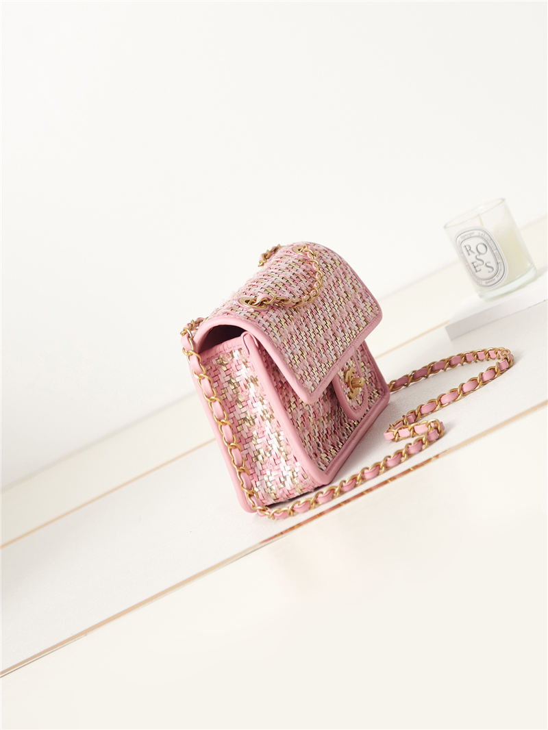 Chanel FLAP BAG Lambskin Viscose Weaving & Gold-Tone Metal AS3767 Pink A