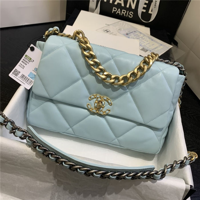 Large Chanel 19 Flap Bag Goatskin/Lambskin Light Blue High