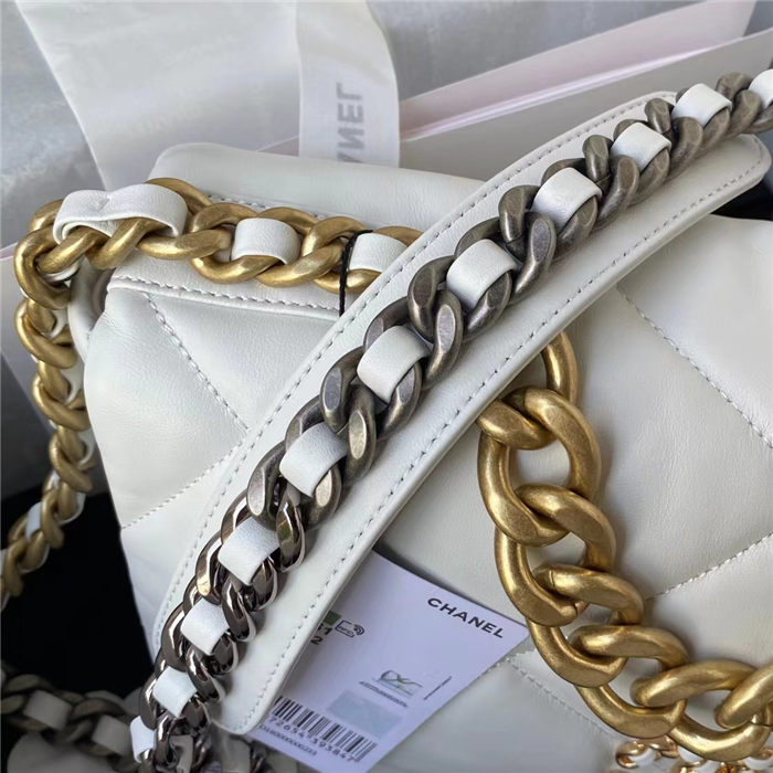 Large Chanel 19 Flap Bag Goatskin/Lambskin White High