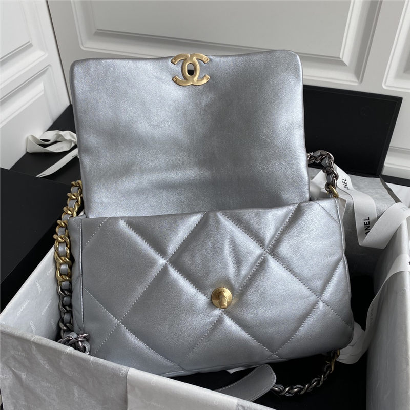 Large Chanel 19 Flap Bag Goatskin/Lambskin Silver High