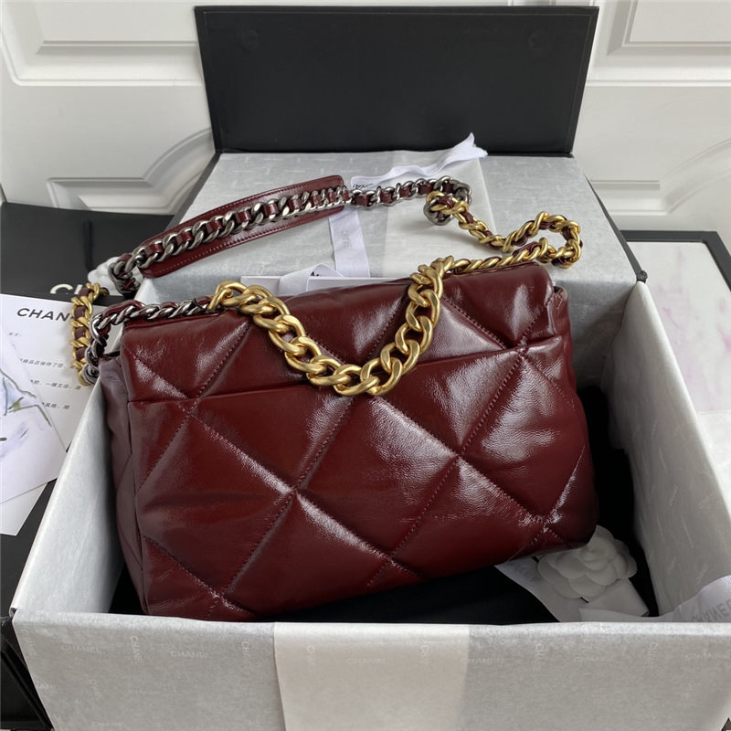 Large Chanel 19 Flap Bag Shiny Crumpled Calfskin Burgundy High