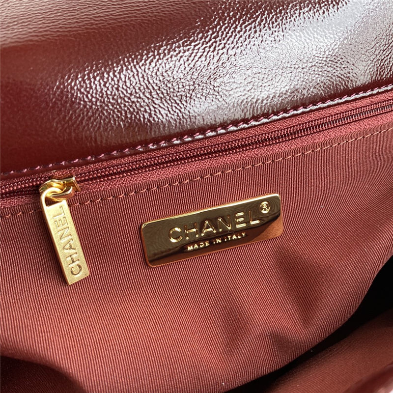 Large Chanel 19 Flap Bag Shiny Crumpled Calfskin Burgundy High