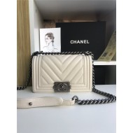 SMALL BOY Chanel HANDBAG Chevrons Pattern Grained Calfskin White High