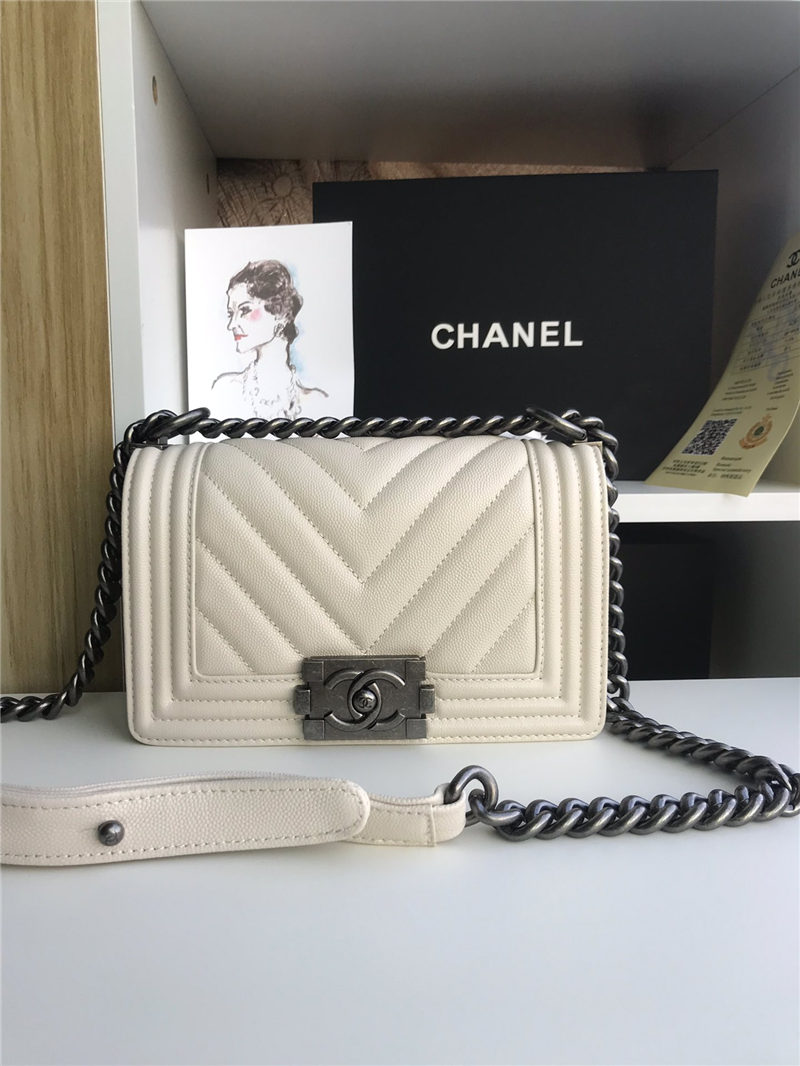 SMALL BOY Chanel HANDBAG Chevrons Pattern Grained Calfskin White High