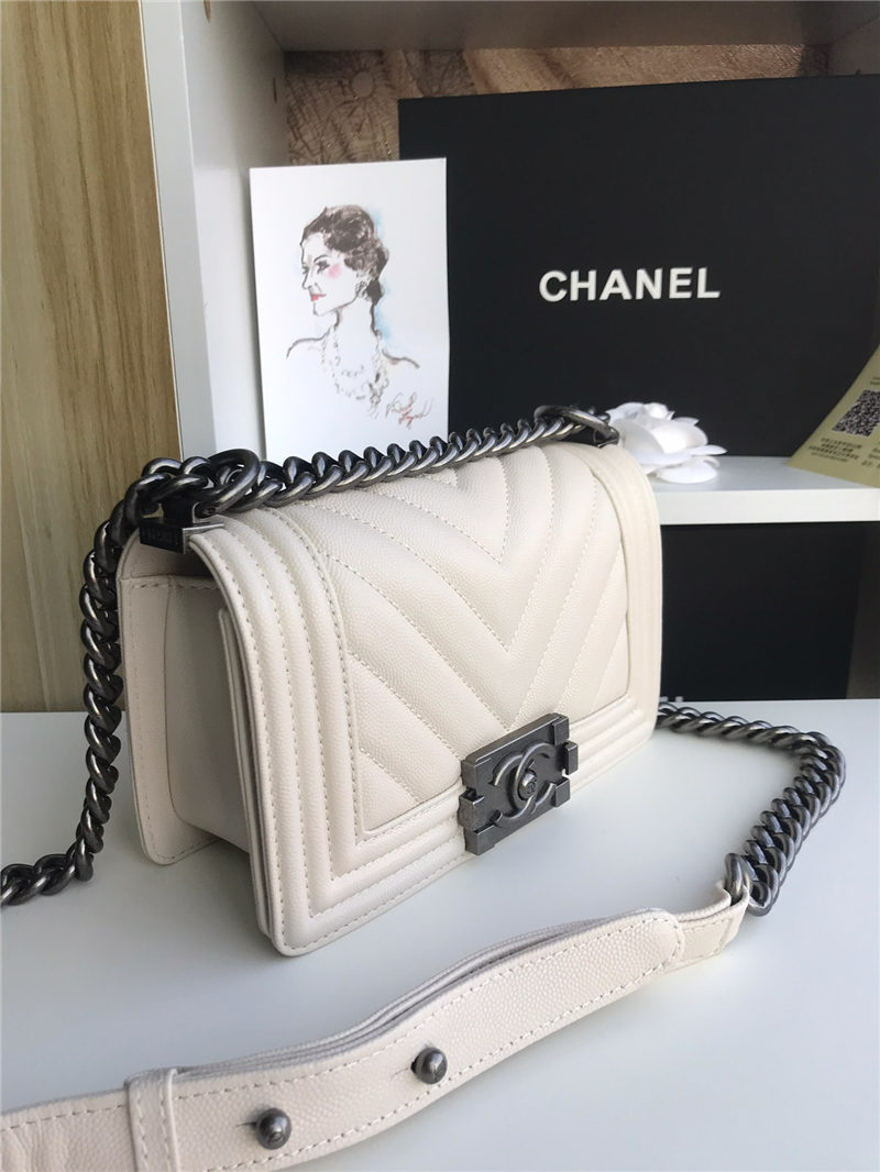 SMALL BOY Chanel HANDBAG Chevrons Pattern Grained Calfskin White High