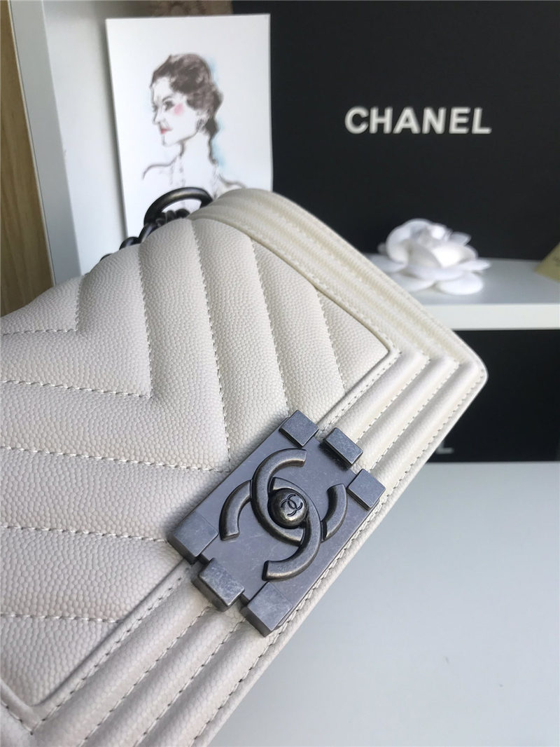 SMALL BOY Chanel HANDBAG Chevrons Pattern Grained Calfskin White High