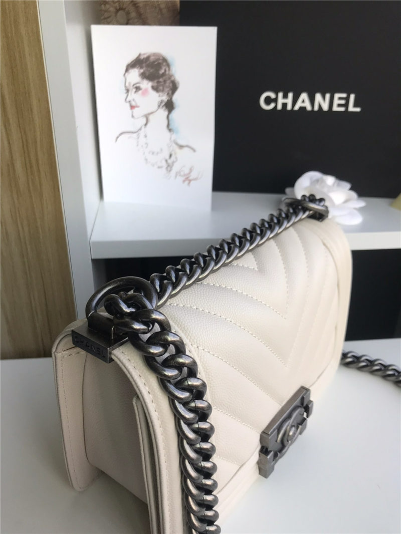 SMALL BOY Chanel HANDBAG Chevrons Pattern Grained Calfskin White High