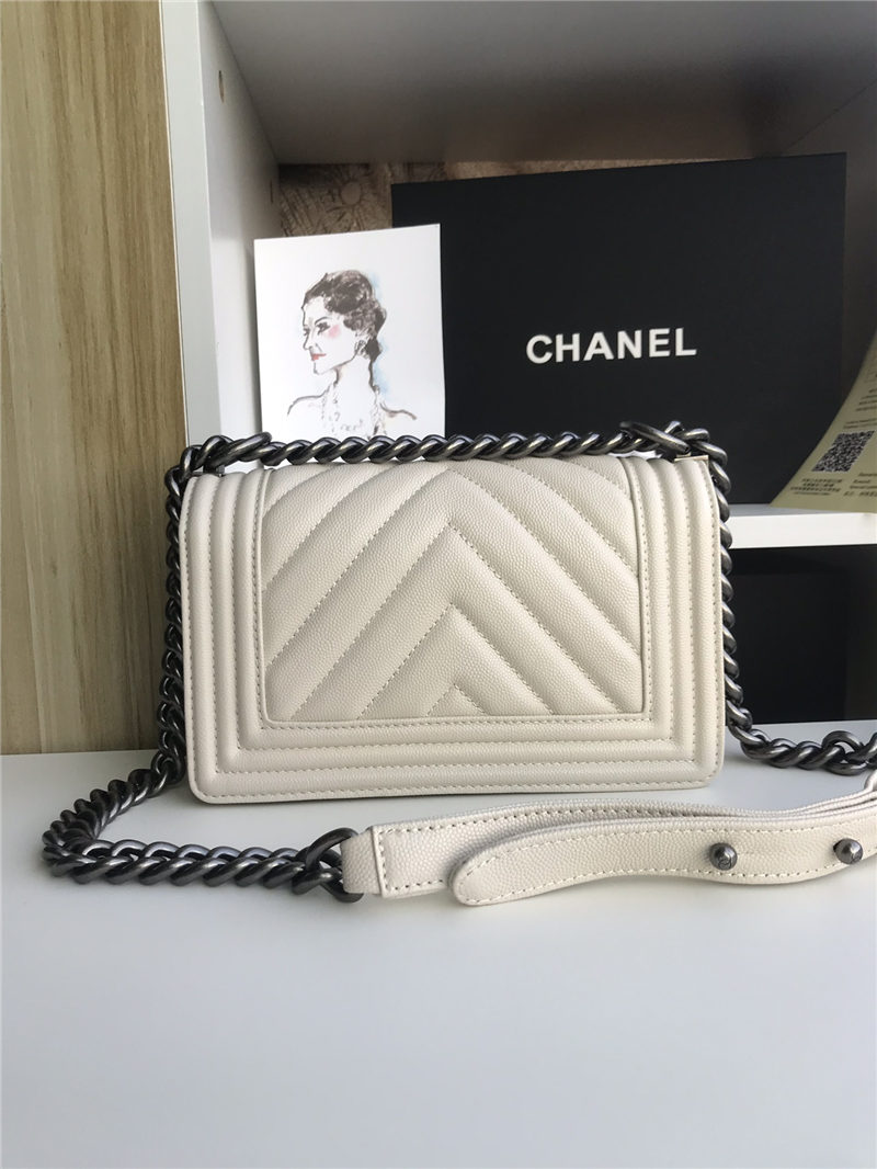 SMALL BOY Chanel HANDBAG Chevrons Pattern Grained Calfskin White High