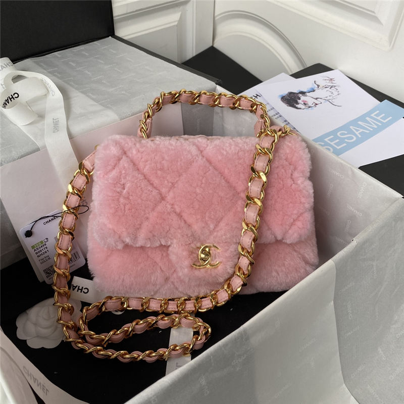 Chanel FLAP BAG Shearling & Gold-Tone Metal AS3499 Pink A