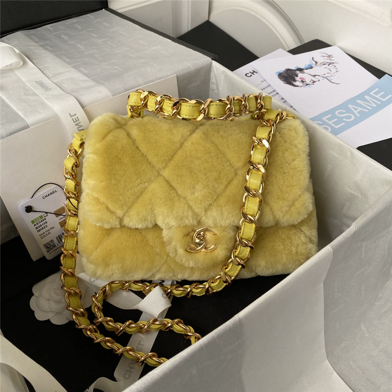 Chanel FLAP BAG Shearling & Gold-Tone Metal AS3499 Yellow A