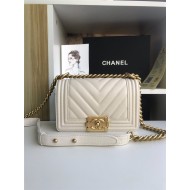 SMALL BOY Chanel HANDBAG Chevrons Pattern Grained Calfskin White High