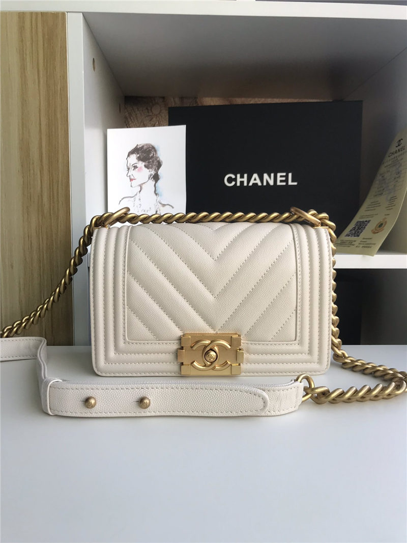 SMALL BOY Chanel HANDBAG Chevrons Pattern Grained Calfskin White High