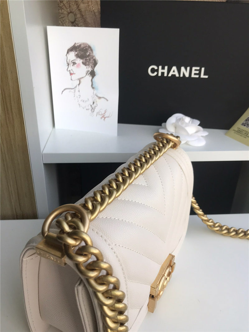 SMALL BOY Chanel HANDBAG Chevrons Pattern Grained Calfskin White High