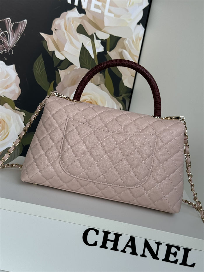 FLAP BAG WITH TOP HANDLE Grained Calfskin Pink Gold Metal High