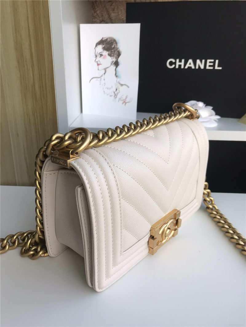 SMALL BOY Chanel HANDBAG Chevrons Pattern Grained Calfskin White High