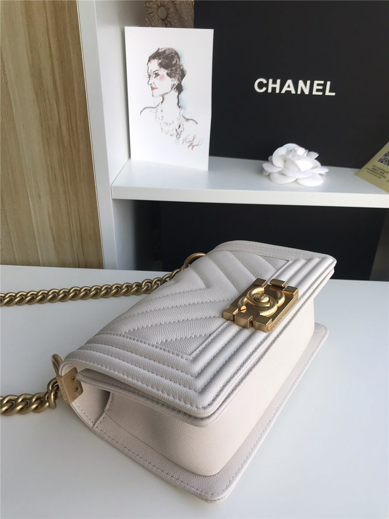 SMALL BOY Chanel HANDBAG Chevrons Pattern Grained Calfskin White High