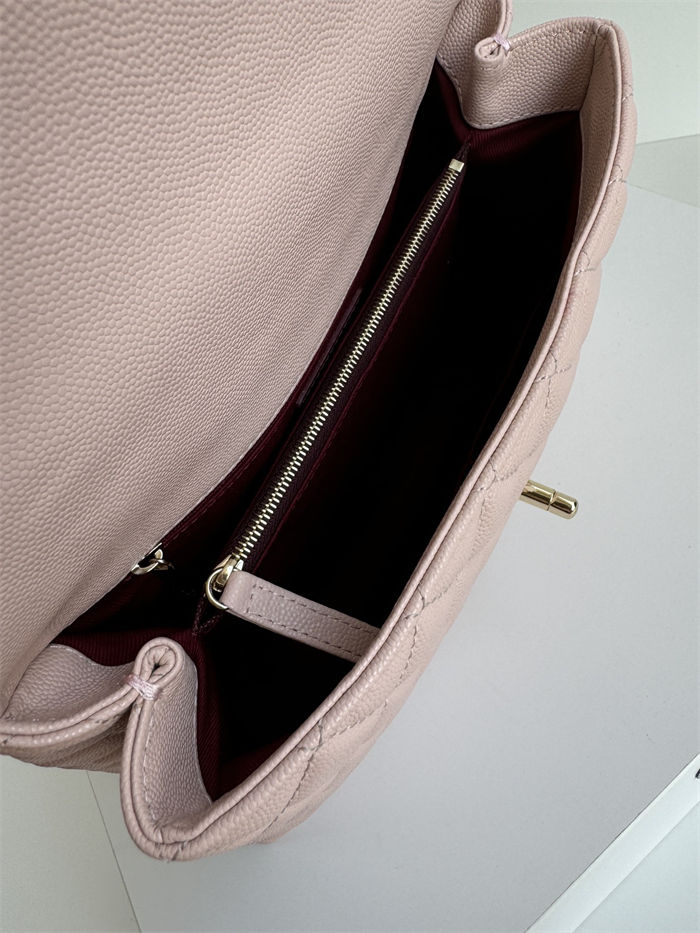 FLAP BAG WITH TOP HANDLE Grained Calfskin Pink Gold Metal High