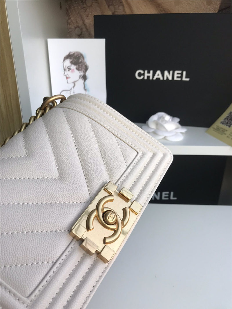 SMALL BOY Chanel HANDBAG Chevrons Pattern Grained Calfskin White High