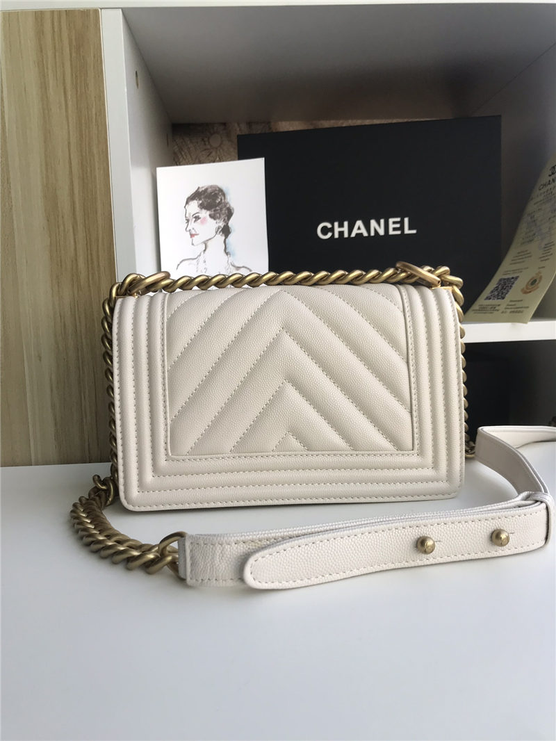 SMALL BOY Chanel HANDBAG Chevrons Pattern Grained Calfskin White High