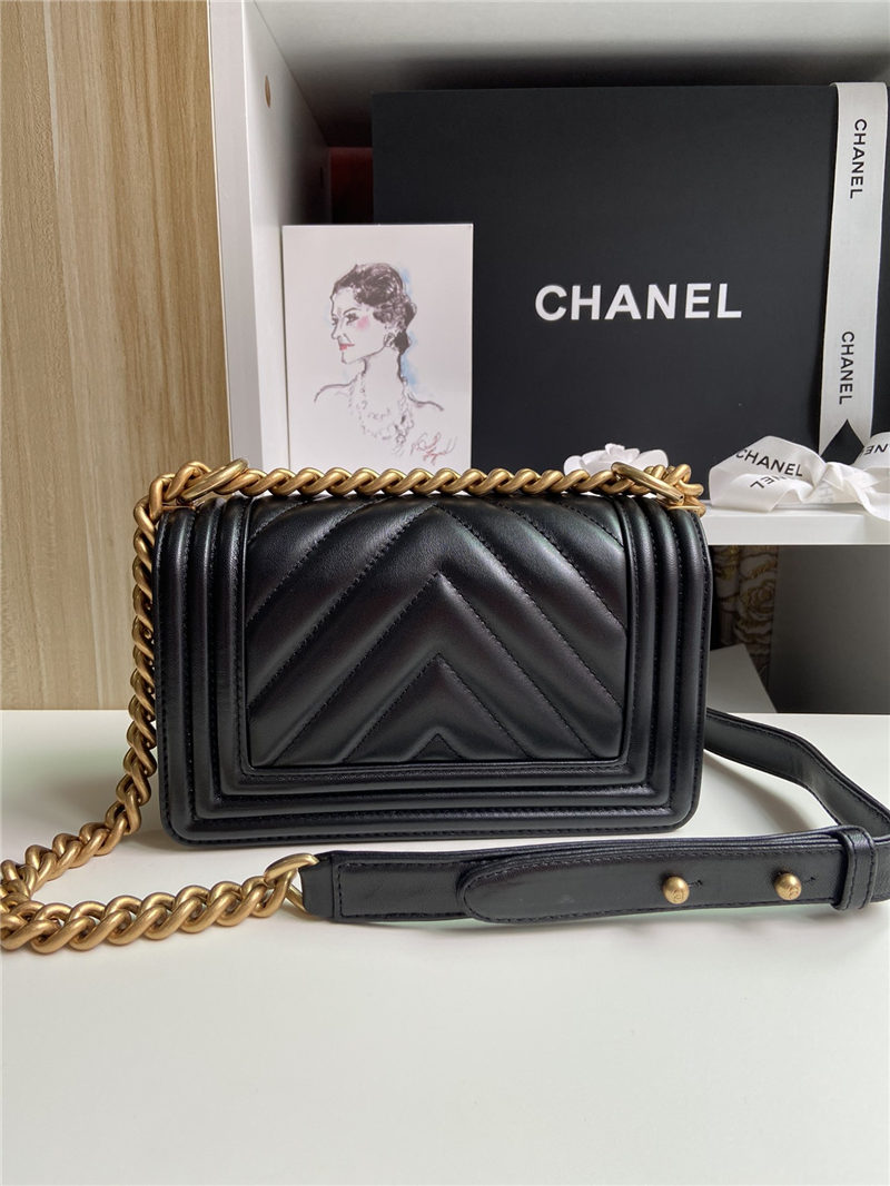 SMALL BOY Chanel HANDBAG Chevrons Pattern Lambskin Black High