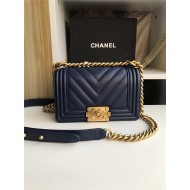 SMALL BOY Chanel HANDBAG Chevrons Pattern Lambskin Navy Blue High