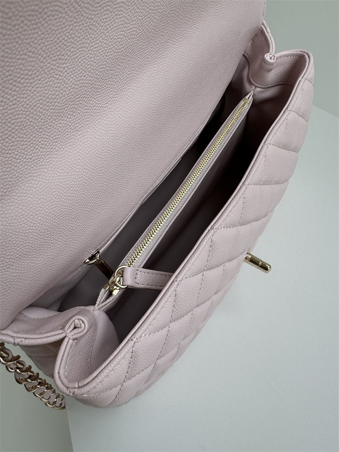 FLAP BAG WITH TOP HANDLE Grained Calfskin Pink-binding Gold Metal High