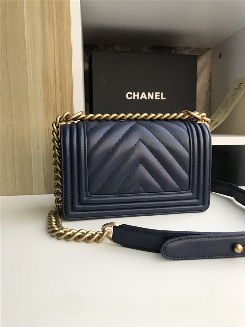 SMALL BOY Chanel HANDBAG Chevrons Pattern Lambskin Navy Blue High