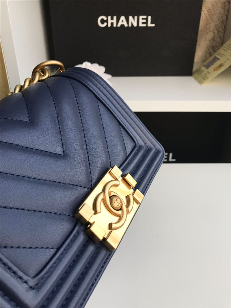 SMALL BOY Chanel HANDBAG Chevrons Pattern Lambskin Navy Blue High