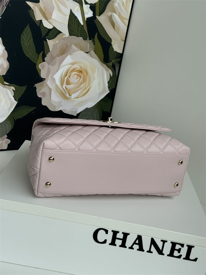 FLAP BAG WITH TOP HANDLE Grained Calfskin Pink-binding Gold Metal High