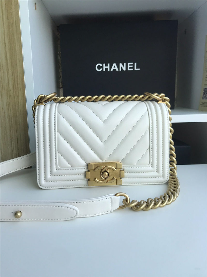 SMALL BOY Chanel HANDBAG Chevrons Pattern Lambskin White High